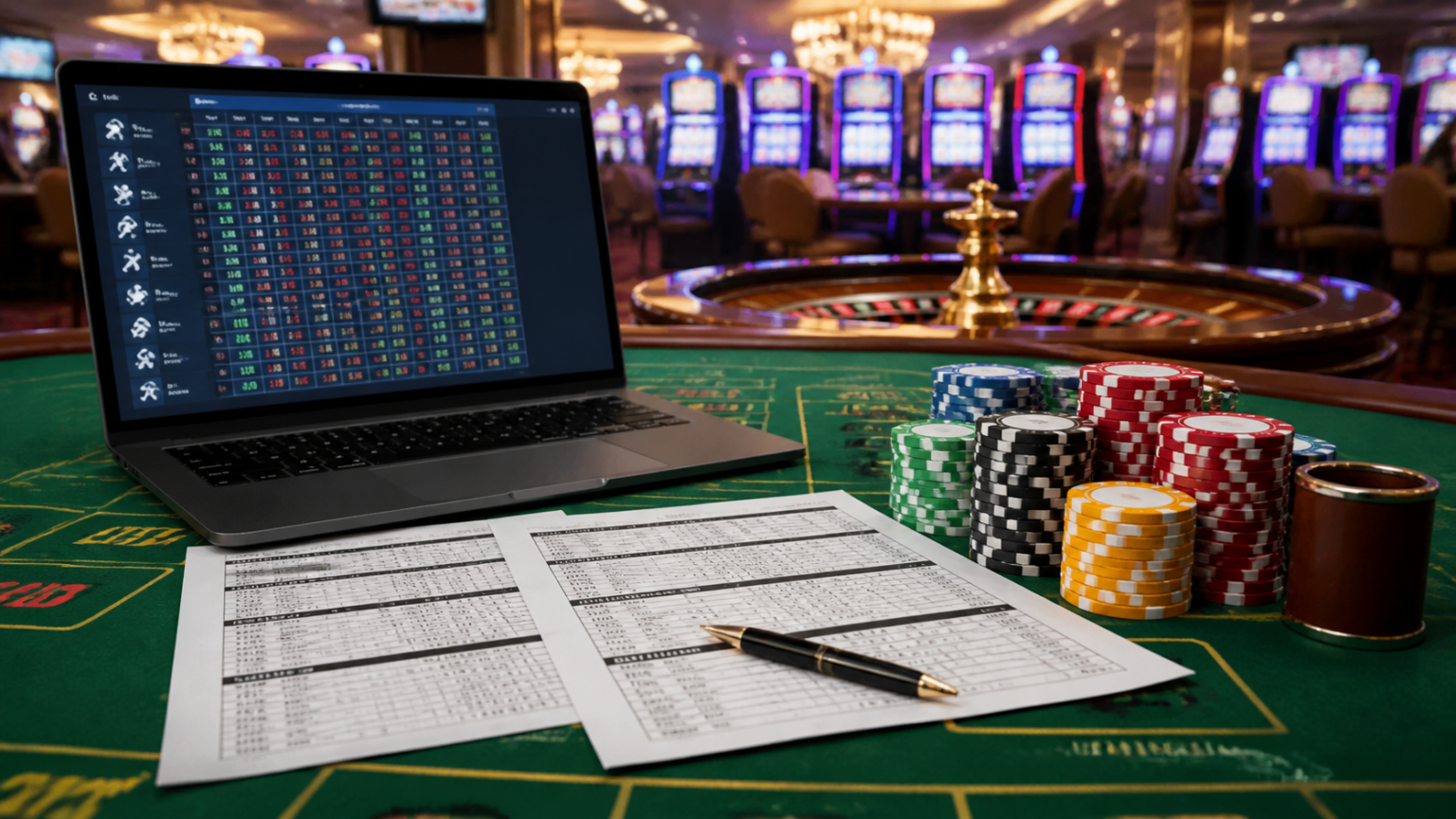 ブックメーカーの利用規約を確認する重要性とSlots Casinos選びの注意点 Casino betting desk with odds screen and chips