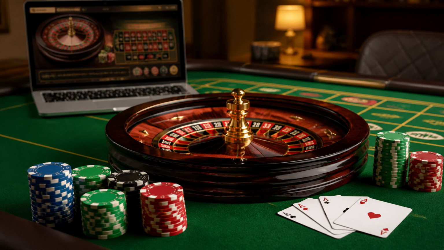 casino trực tuyến: Cách khám phá trò chơi có trách nhiệm Bàn roulette và chip casino bên cạnh màn hình hiển thị trò chơi casino trực tuyến