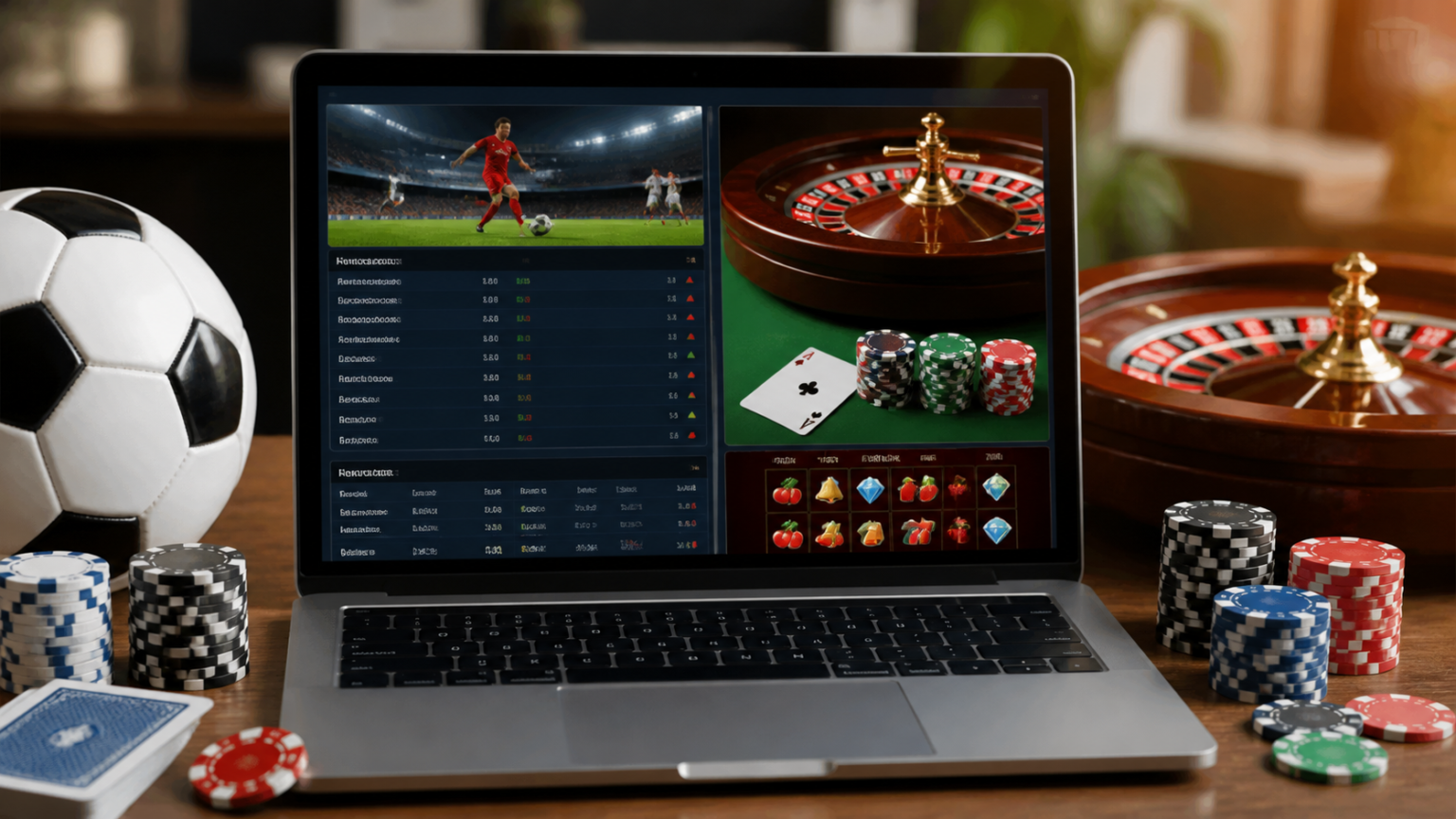 Schermo con sito di scommesse online e chip da casinò