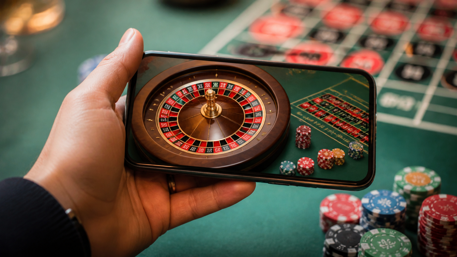 Điện thoại hiển thị trò chơi roulette casino trên màn hình