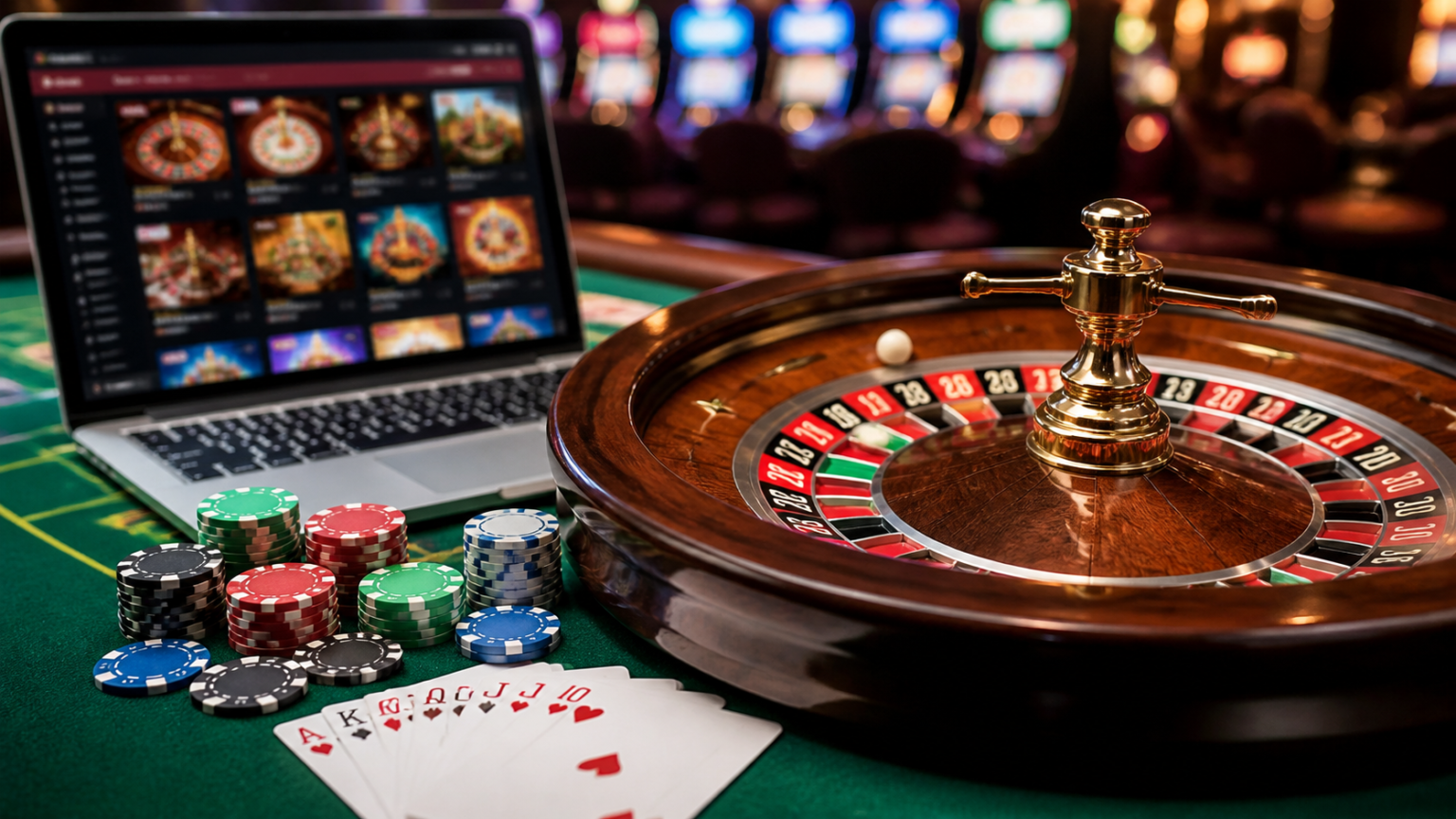 คาสิโนออนไลน์และ Slots Casinos: คู่มือทำความเข้าใจแพลตฟอร์ม เกม และความปลอดภัย ภาพเว็บเกมคาสิโนต่างประเทศบนหน้าจอแล็ปท็อปพร้อมชิปและไพ่
