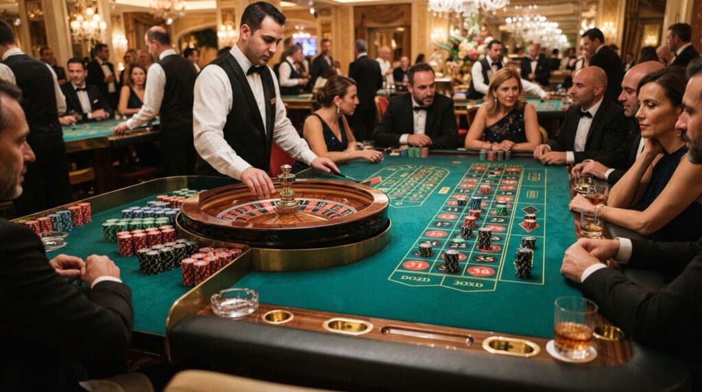 Online Casino Singapore: A Guide to Mobile Casino Gaming โต๊ะเกมคาสิโนความบันเทิงที่มีชิปและวงล้อรูเล็ตภายใต้แสงไฟหรูหรา