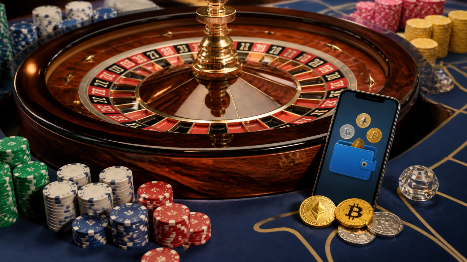 オンラインカジノ本人確認不要でSlots Casinosを選ぶときのチェックポイント Casino roulette table with a crypto wallet on a phone