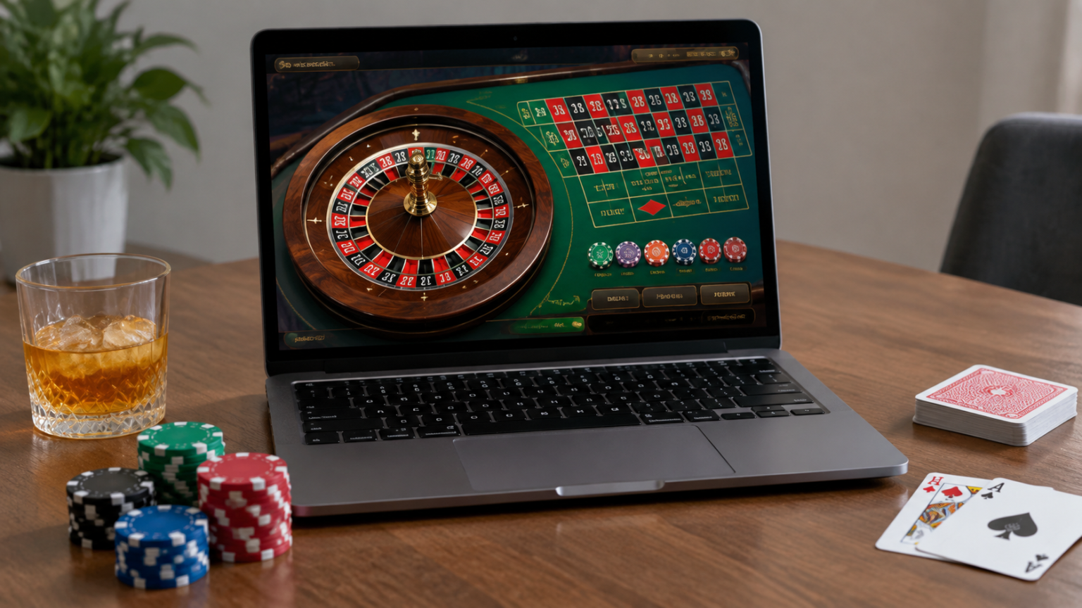 ブックメーカー サッカーのオッズ比較で知っておきたいこと Laptop displaying an online casino roulette game beside playing cards and casino chips