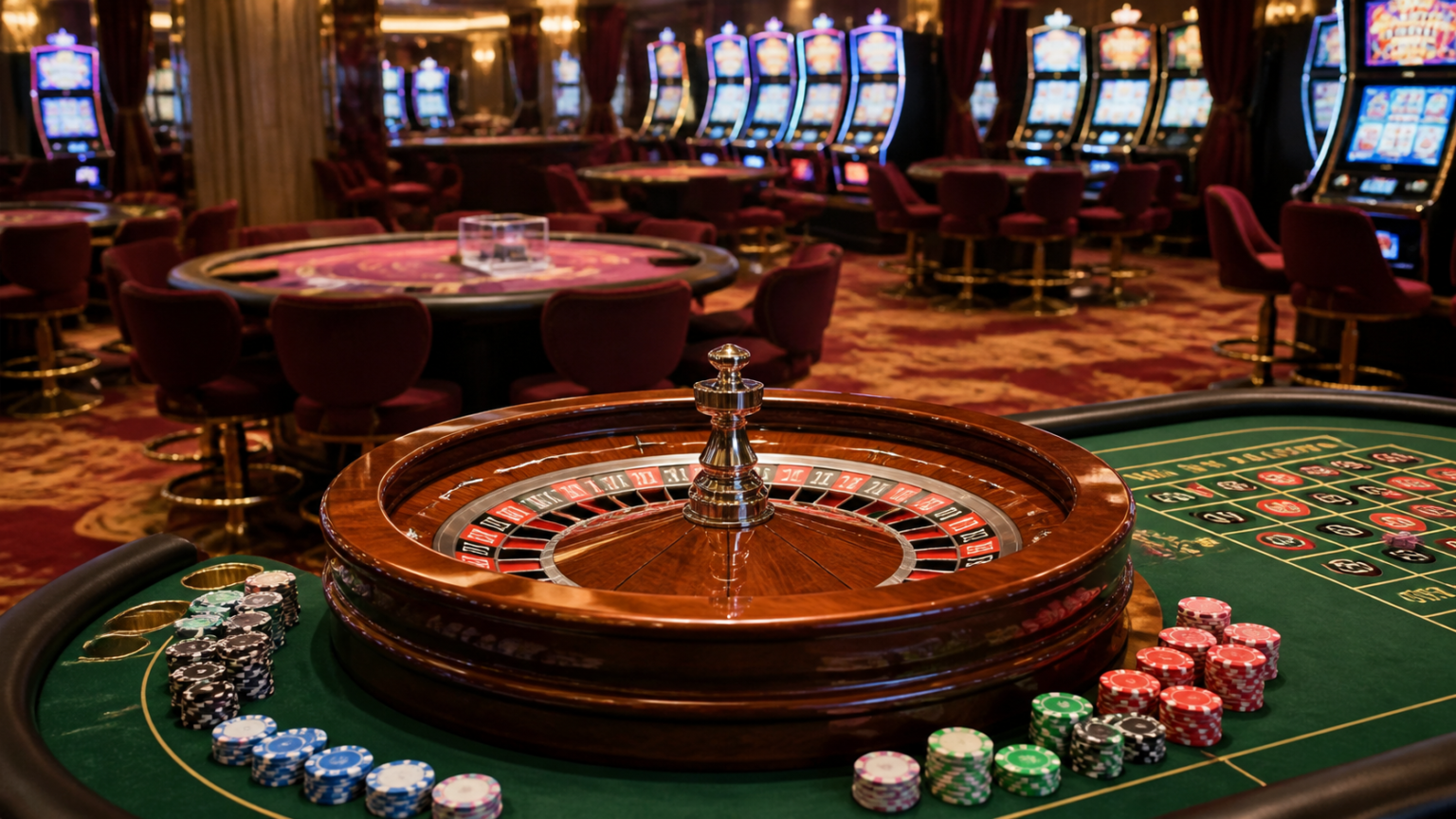 Online casino gaming table with slots and roulette wheel
