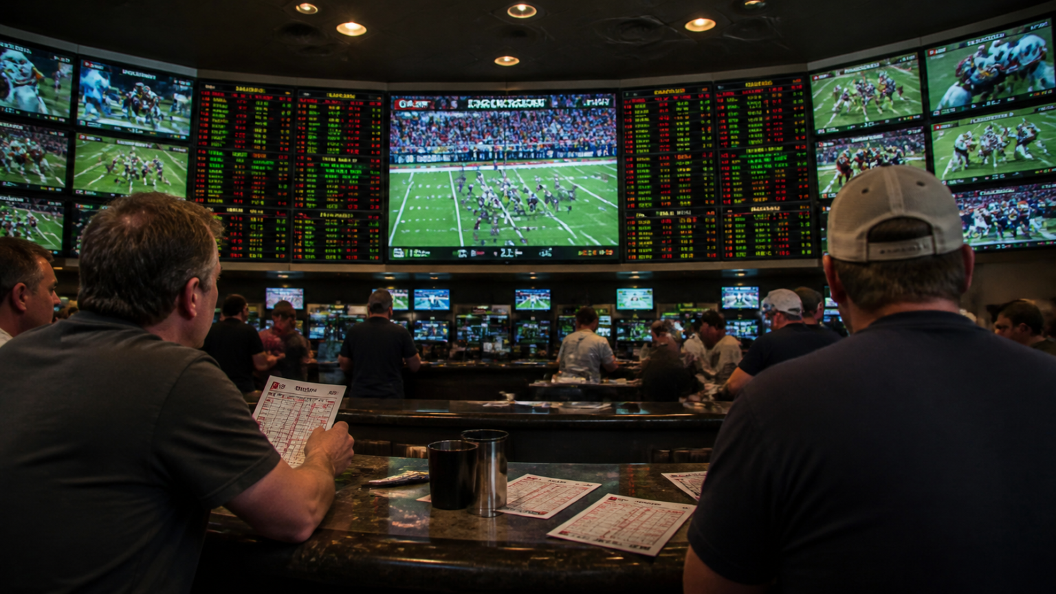 Sports betting slips and odds boards in a casino-related setting