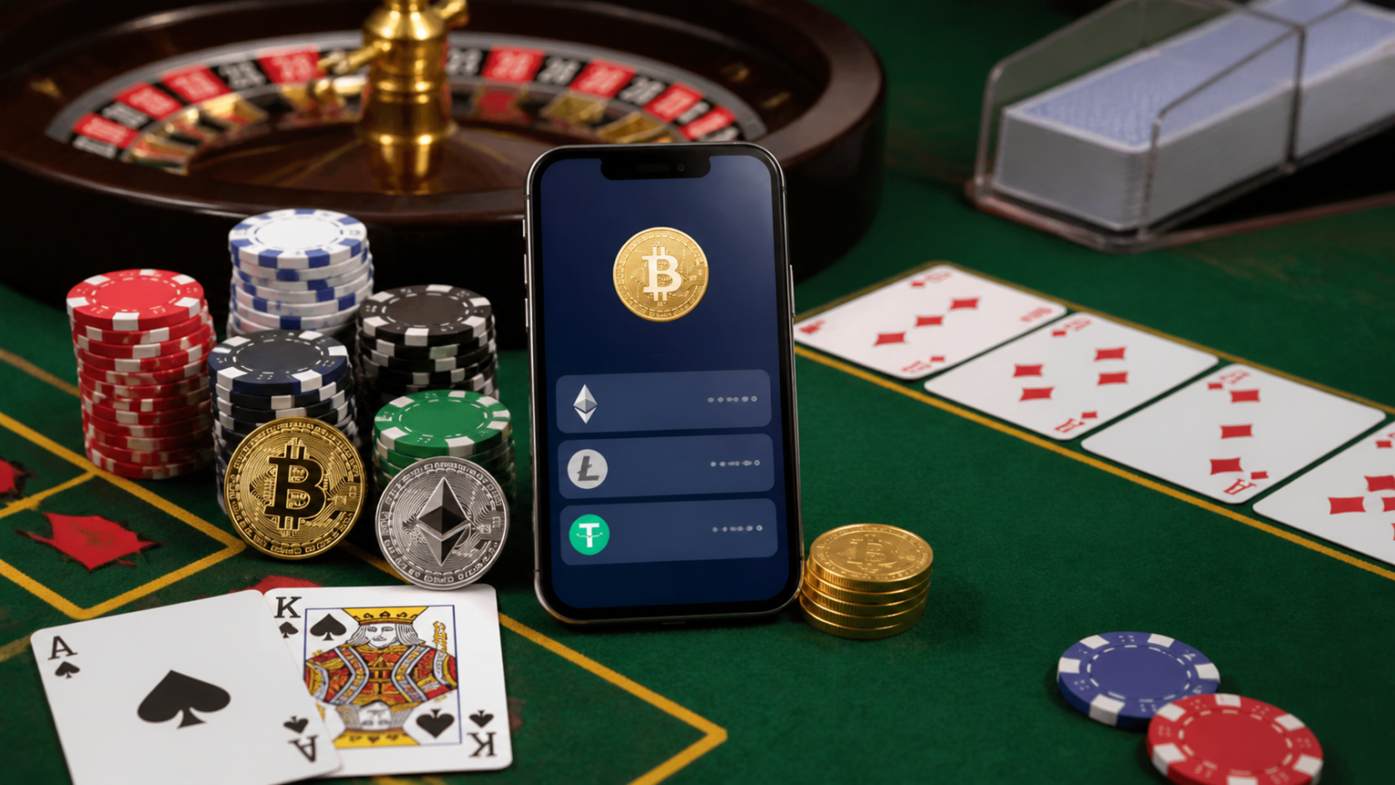 What Players Should Know About crypto casino Singapore Casino table with chips, cards, and a phone showing a crypto wallet